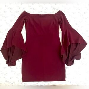 Chic Burgundy Off-Shoulder Dress with Flared Sleeves